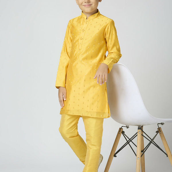 Joban Fashion Kids Island Full Sleeves Chanderi Kurta, Pyjama Set with Traditional Butta Work - Yellow - Distacart