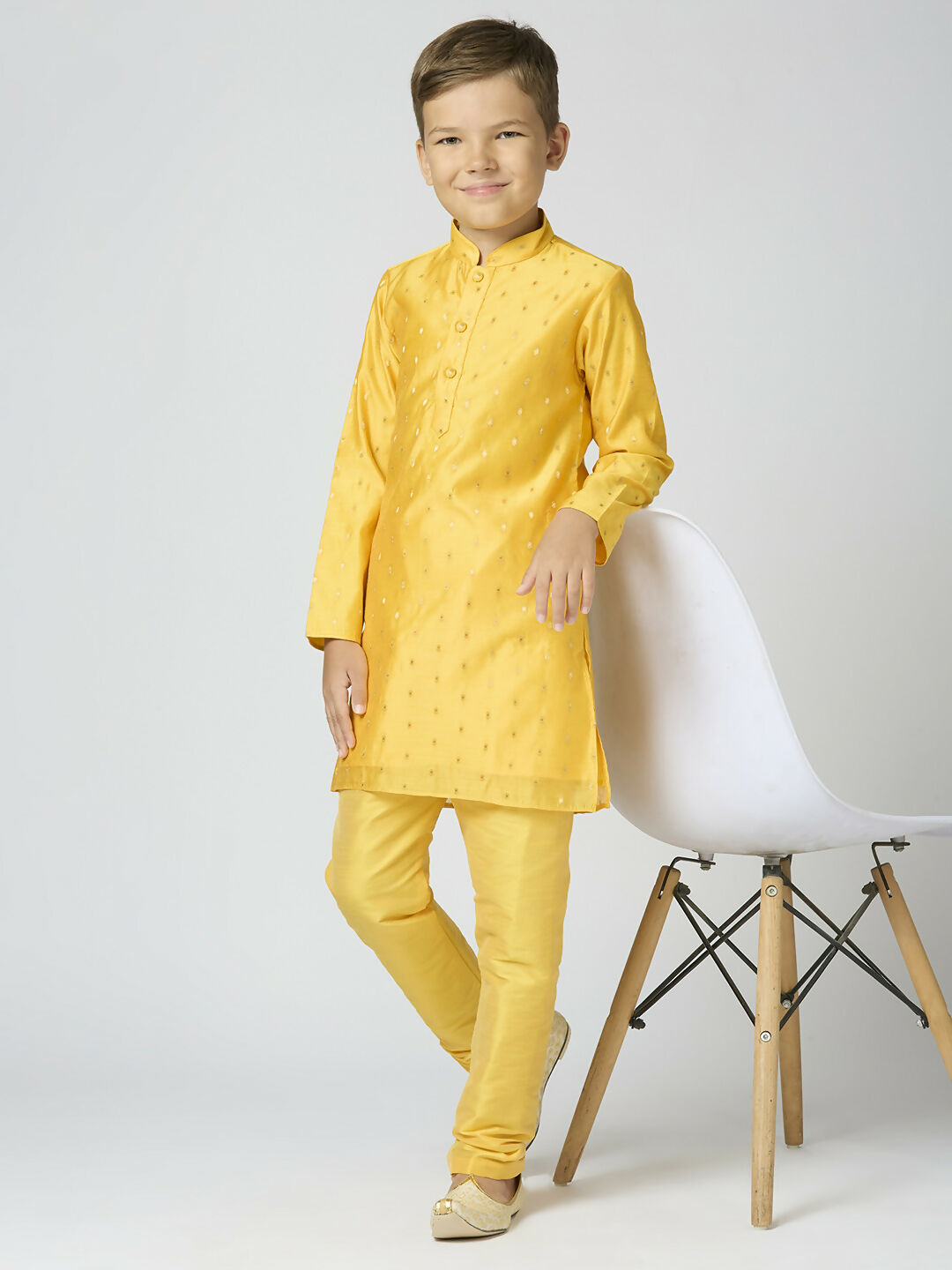 Joban Fashion Kids Island Full Sleeves Chanderi Kurta, Pyjama Set with Traditional Butta Work - Yellow - Distacart