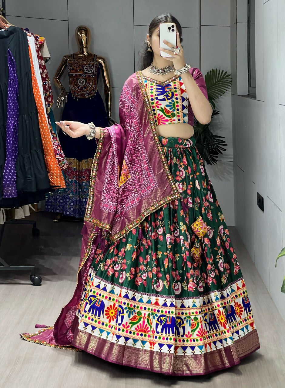 Yash Enterprise Green Silk Embroidery Semi Stitched Navratri Chaniya Choli - Dista