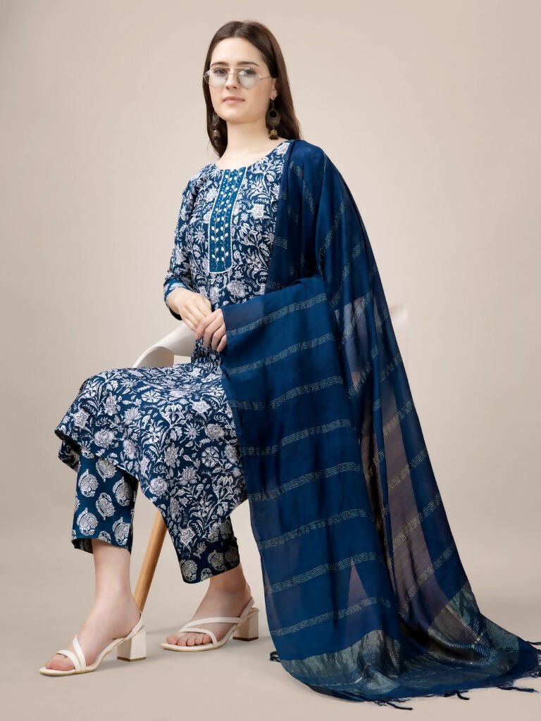 Jyoti Fashion Women's Morpich Rayon Print with Embroidery & Fancy Lace Work Kurta with Trouser & Dupatta - Distacart