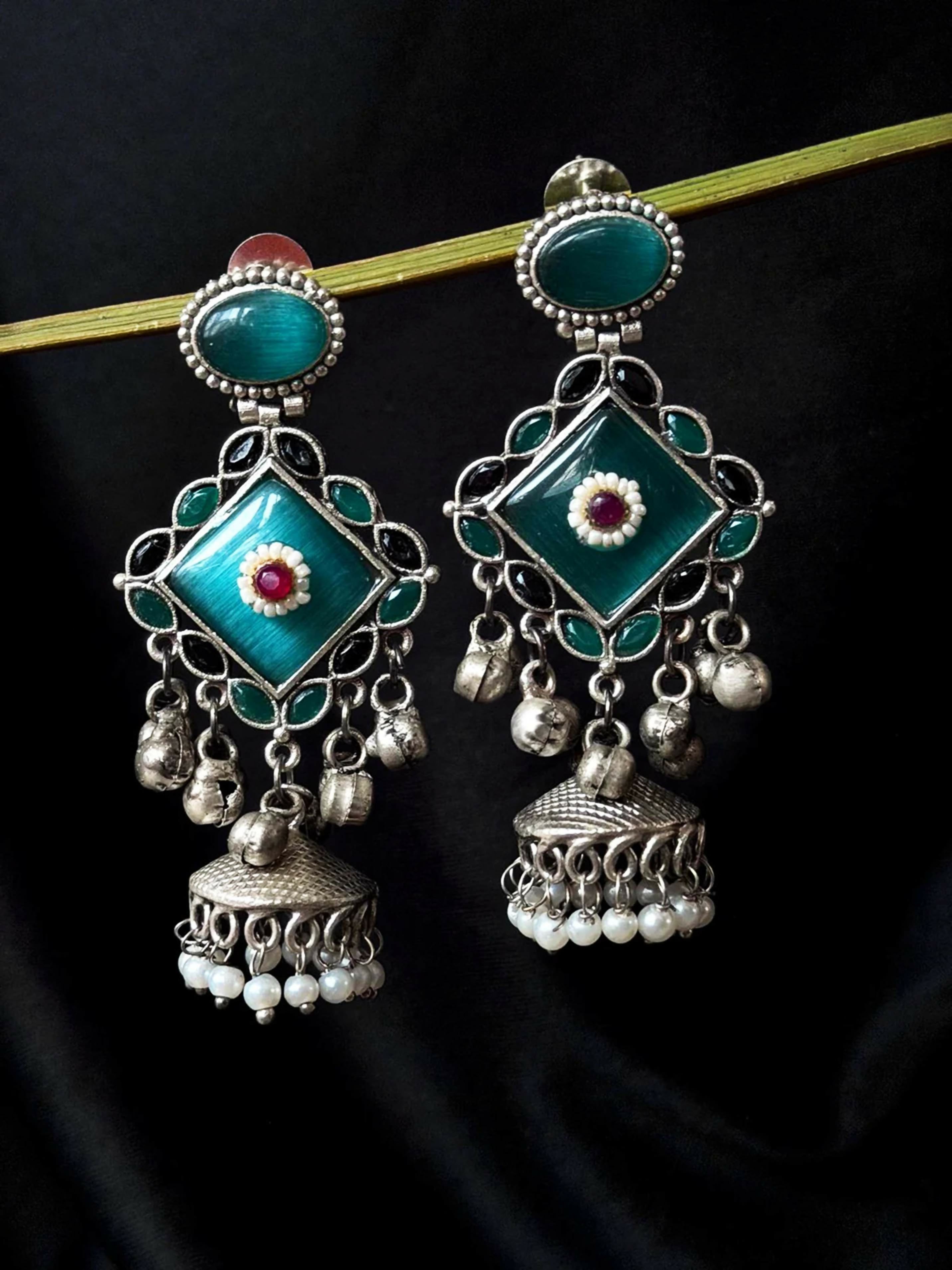 Joban Fashion Women Sky Blue Monalisa Stone Beaded Partywear Silver Replica Earring