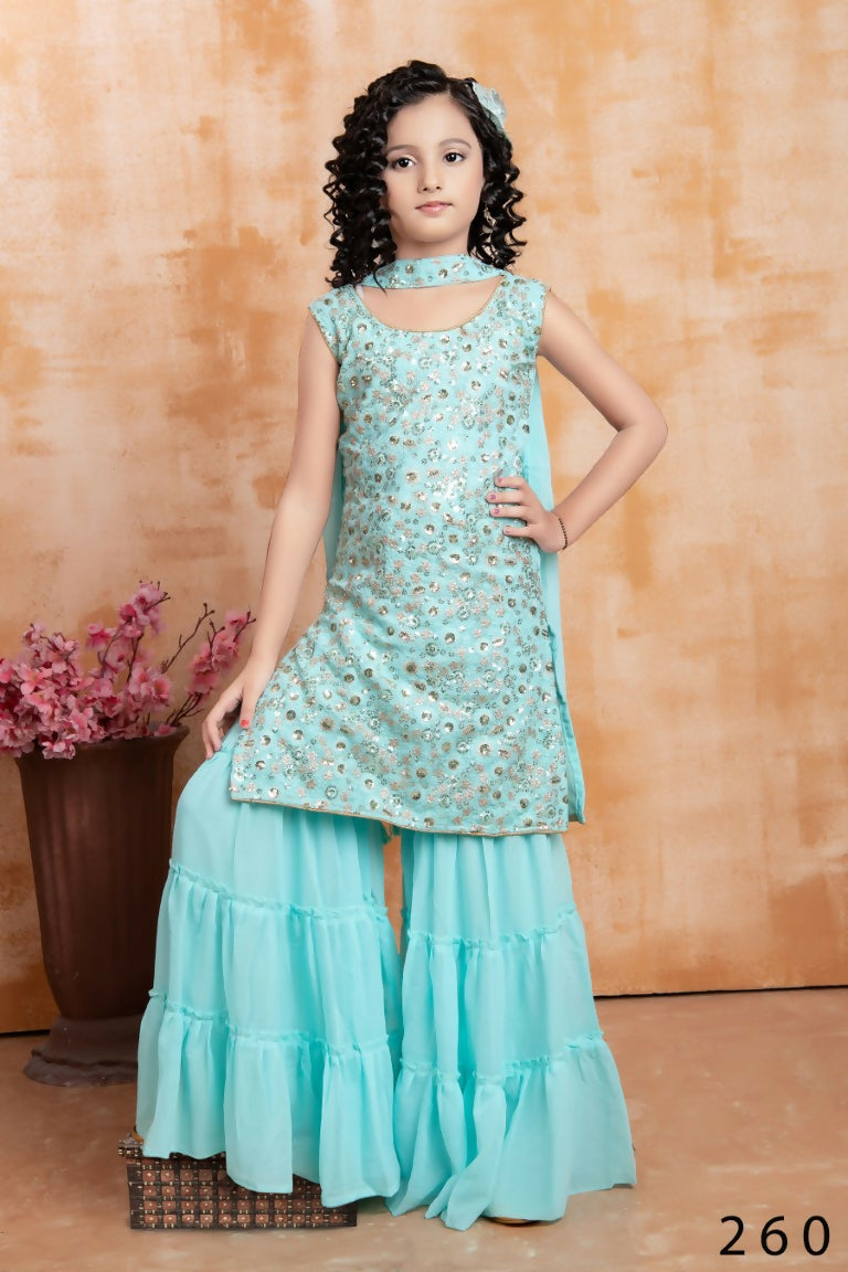 Kids Wedding Designer Sky Fox Georgette Sharara Suit - Aaradhna - Distacart