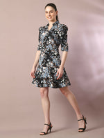 Thumbnail for Myshka Women's Black Printed Shirt Collar Fit and Flare Party Dress - Distacart
