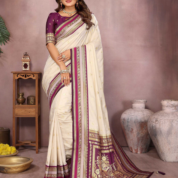 Aastha Fashion Cream Kalamkari Silk Weaving Saree - Distacart