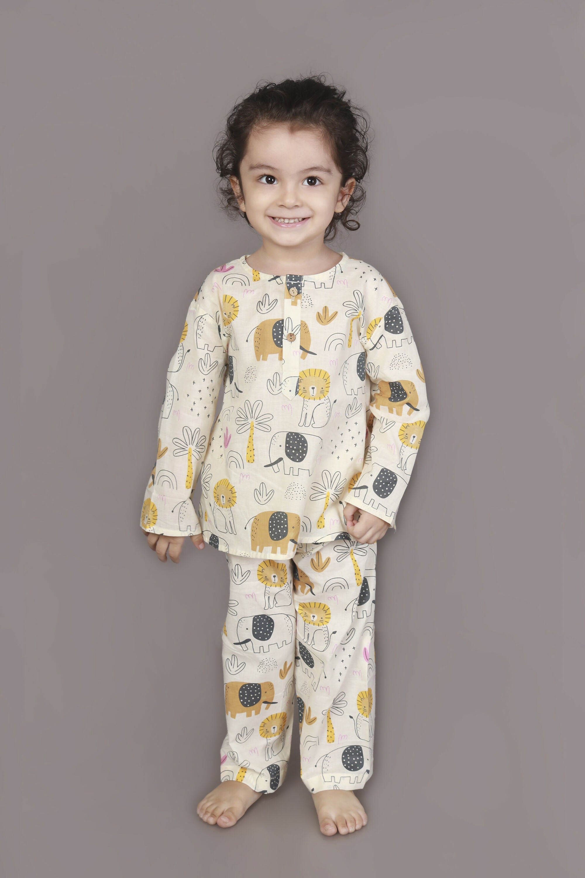 Breathables White Animal Print Cotton Nightsuit Set | Boys & Girls Kids Sleepwear - Dista