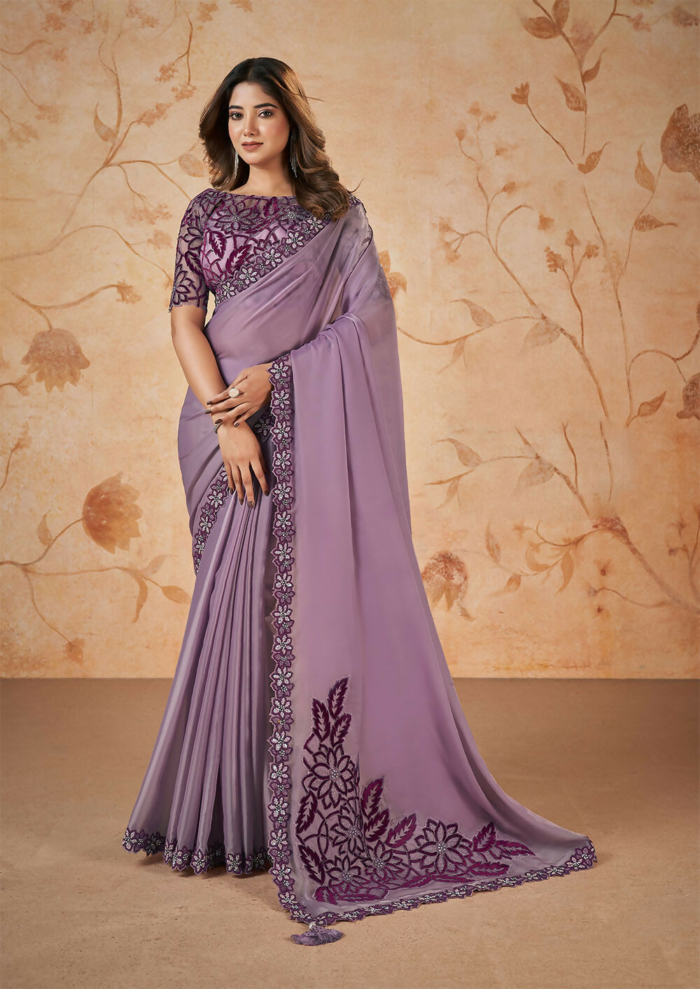 Purple Crepe Satin Silk Sequence & Cord Embroidered with Stone Work Saree - Mohmanthan Dakshika - Distacart