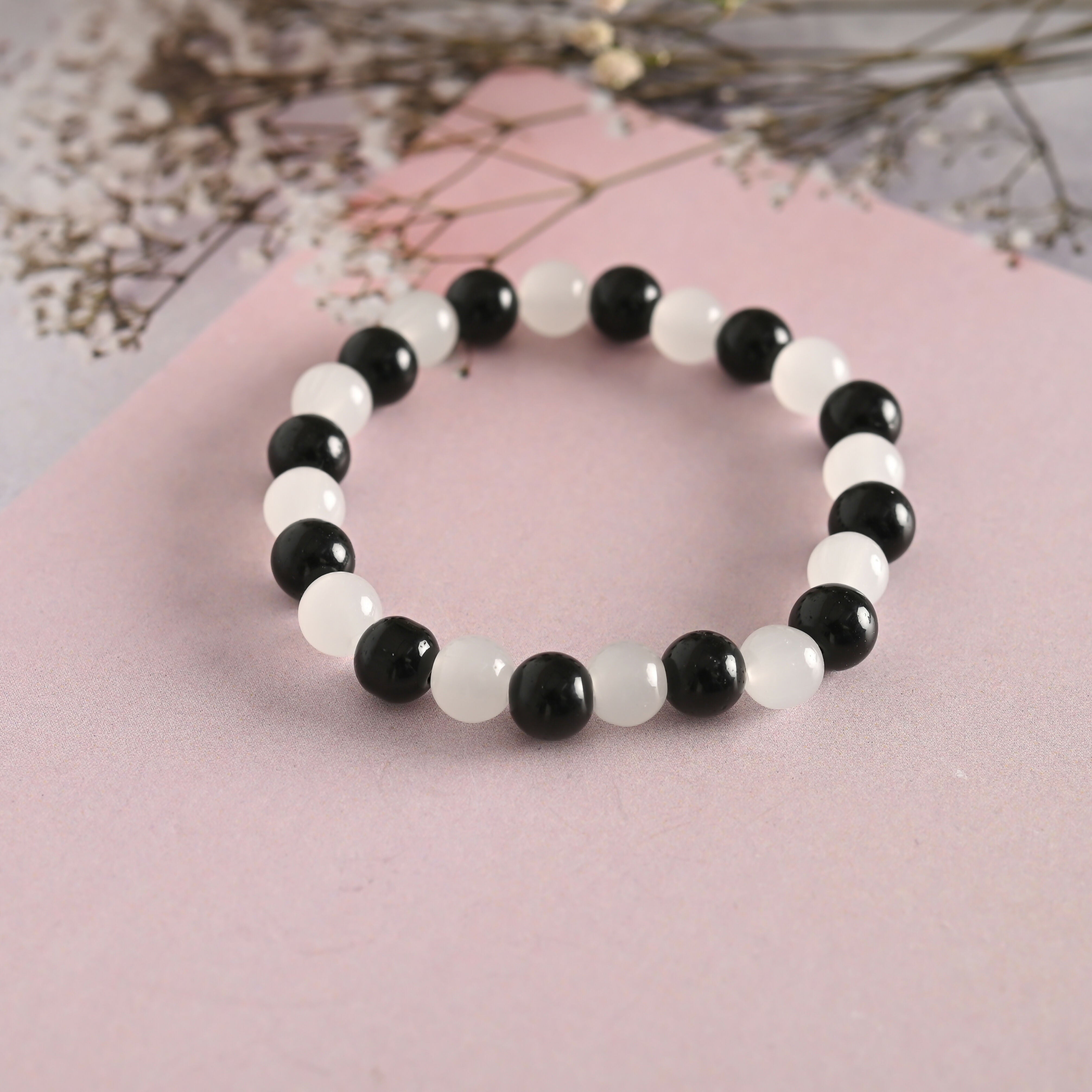 NVR Men & Women White Marble Crystal Beaded Elasticated Bracelet - Distacart