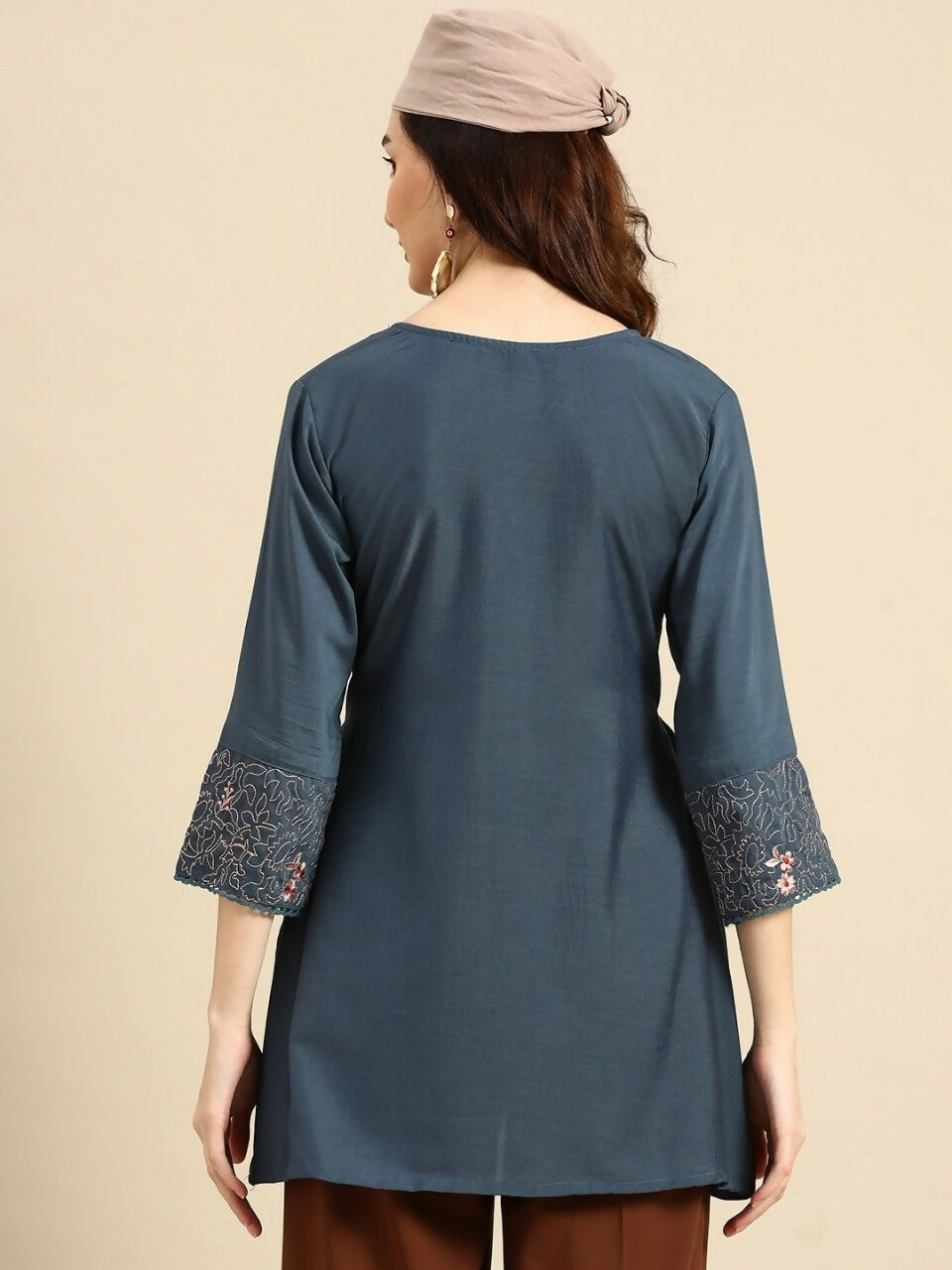 Women's Turquoise Blue Viscose blend Embroidered Short Top - Marina - Distacart