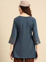 Thumbnail for Women's Turquoise Blue Viscose blend Embroidered Short Top - Marina - Distacart
