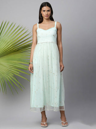Ahalyaa Women Summer Blue Net Glitter Printed Dress - Distacart