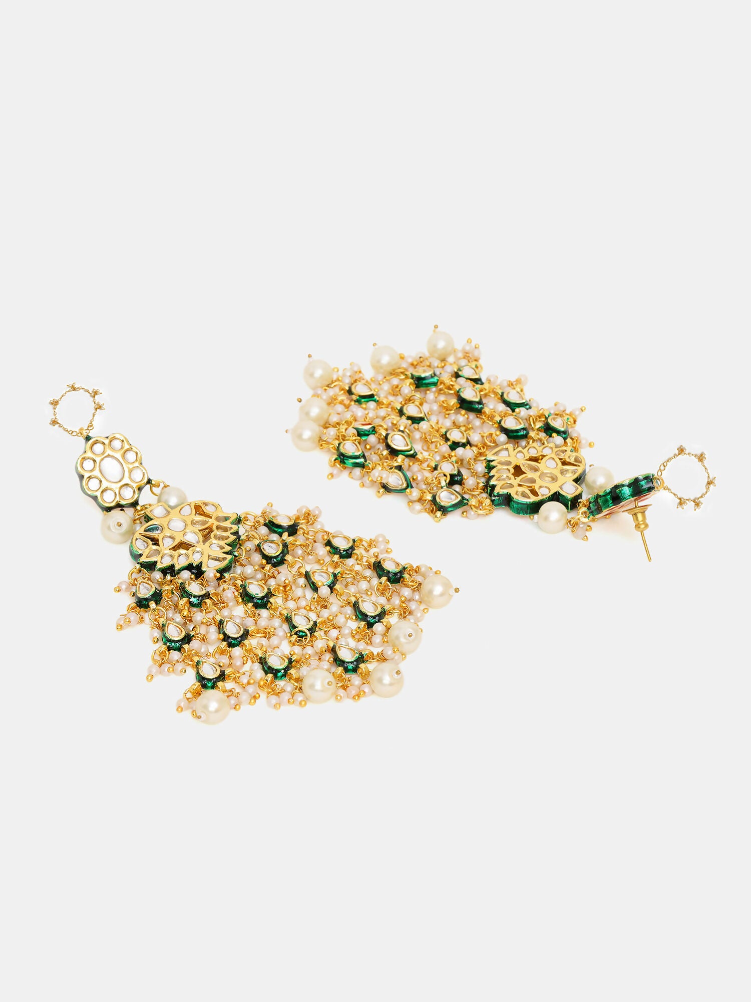 Ruby Raang 22k Gold Polished Kundan Chand Earrings With Ear Chains