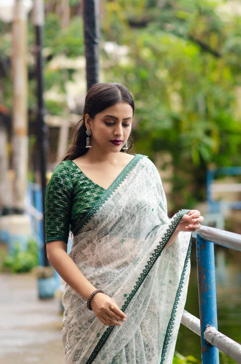 Green Pure Georgette Warli Saree with Unstitched Blouse - A2M - Distacart