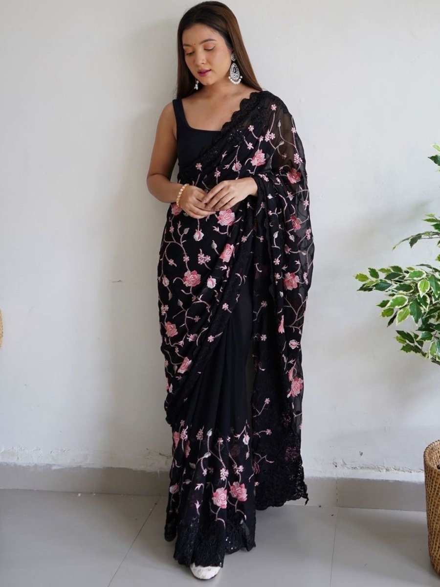 Anouk Floral Embroidered Pure Georgette Saree - Distacart