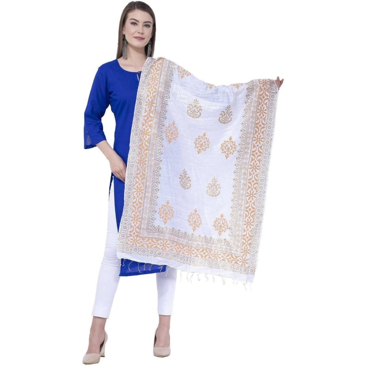 A R Silk Women's Gold Print Silk White Dupattas and Chunnis