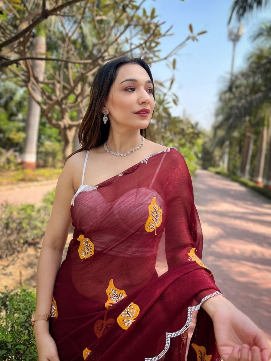 Anouk Floral Printed Embellished Beads and Stones Pure Chiffon Saree - Distacart