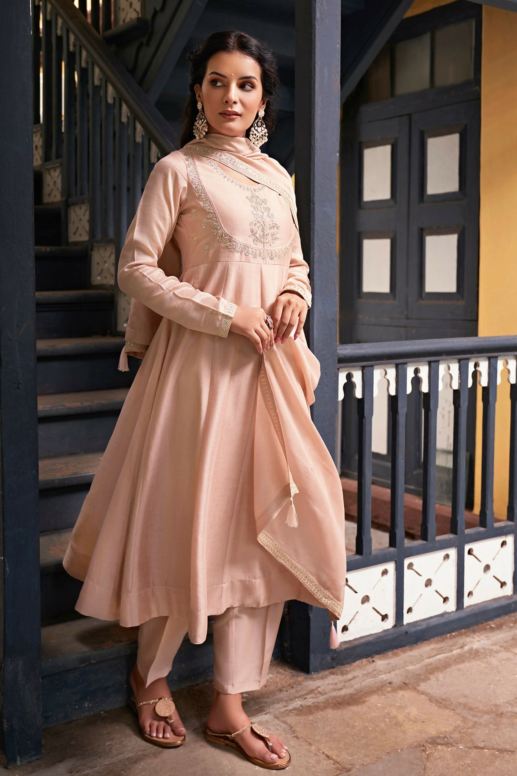 The52 Women's Beautiful Vichitra Silk Fabric Embroidery Work Flared Anarkali Pant and Dupatta Set - Distacart