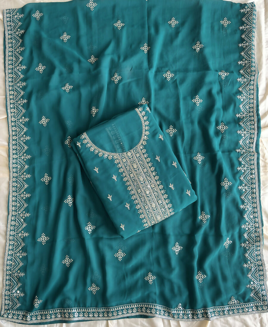 KC Aqua Blue Georgette Straight Suit With Heavy Embroidery - Dista
