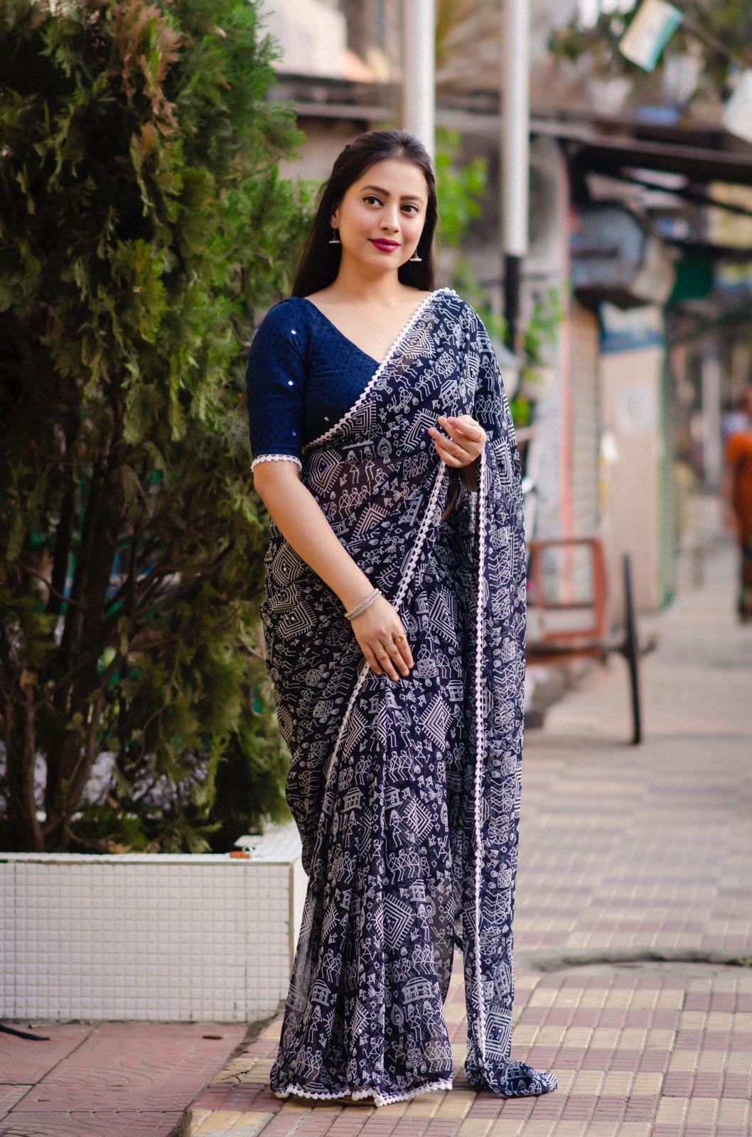 Blue Poly Georgette Ethnic Motifs Saree with Unstitched Blouse - A2M - Distacart