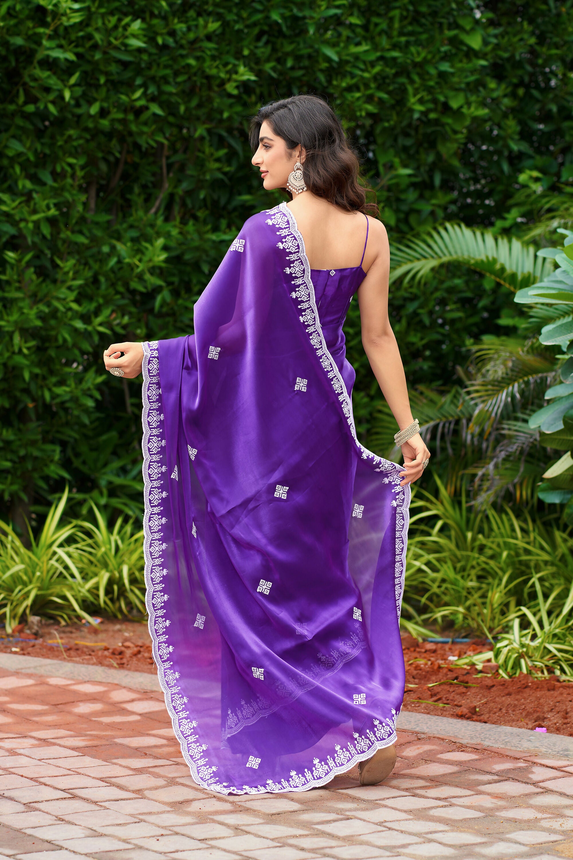 Vastranavya Purple-Blue Embroidery Work Shimmer Chiffon Saree with Unstitched Blouse