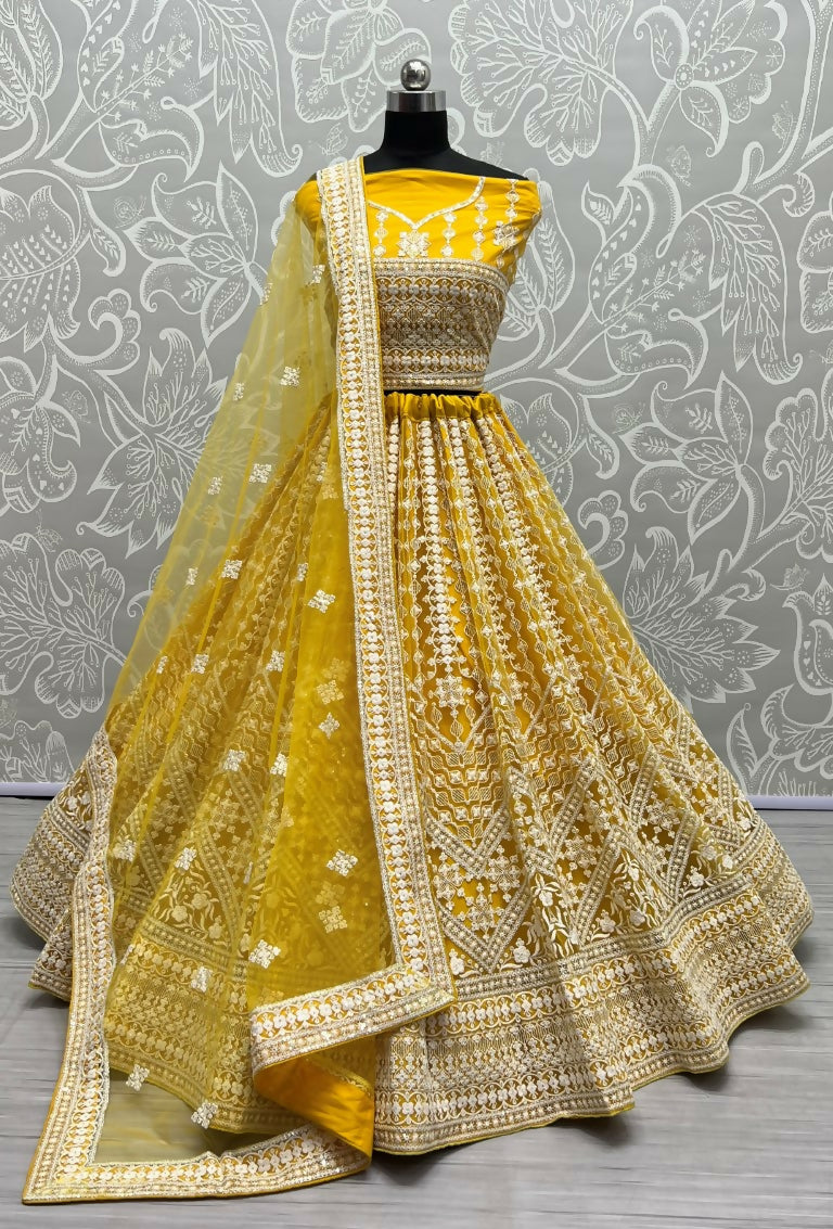 Jyoti Fashion Women's Yellow Net Patterned Thread Embroidered with Sequins Wedding Lehenga Choli - Distacart