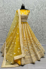 Thumbnail for Jyoti Fashion Women's Yellow Net Patterned Thread Embroidered with Sequins Wedding Lehenga Choli - Distacart