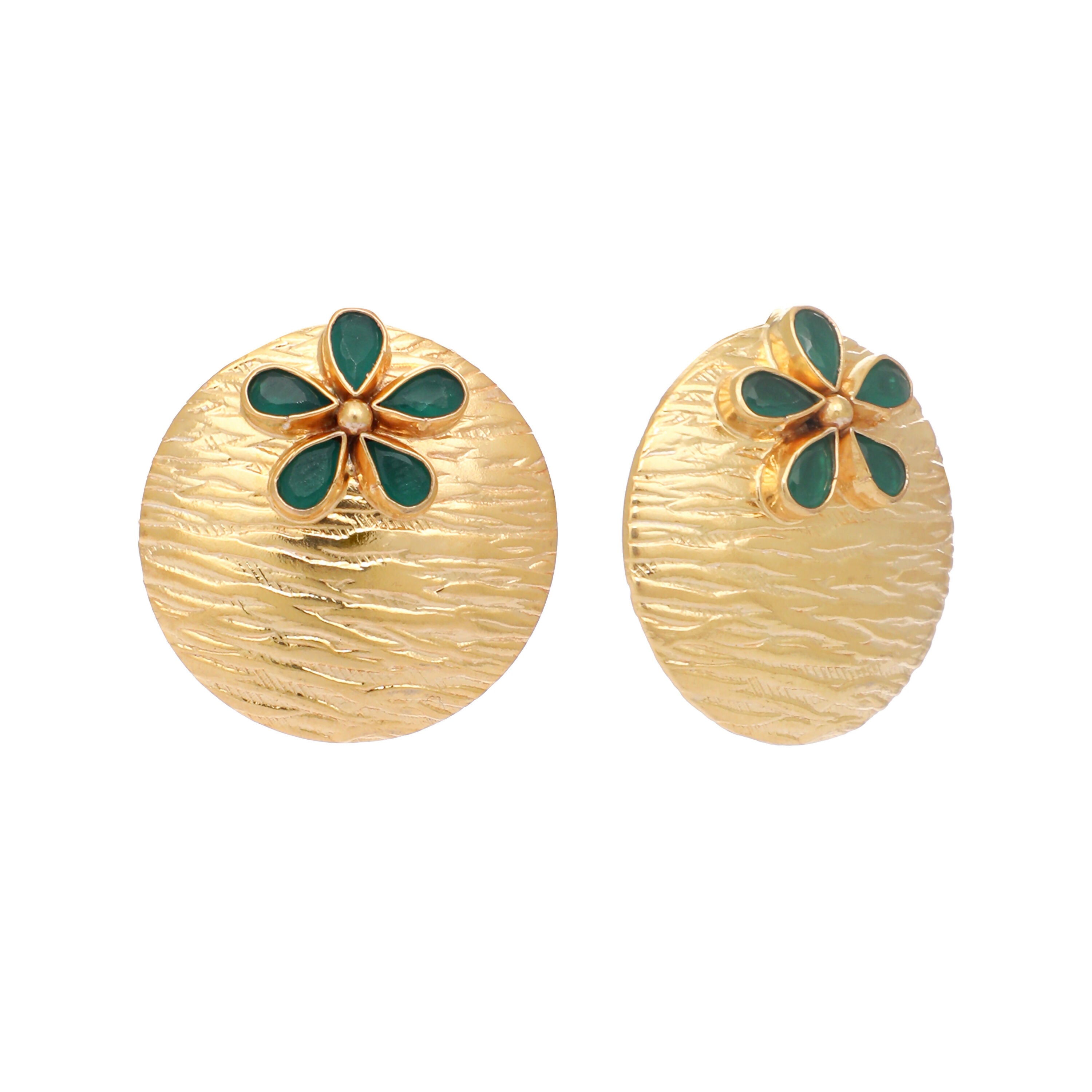 Nuyug 22K Gold-Plated Faux Emerald Stones Studded Circular Floral Shaped Motif Studs