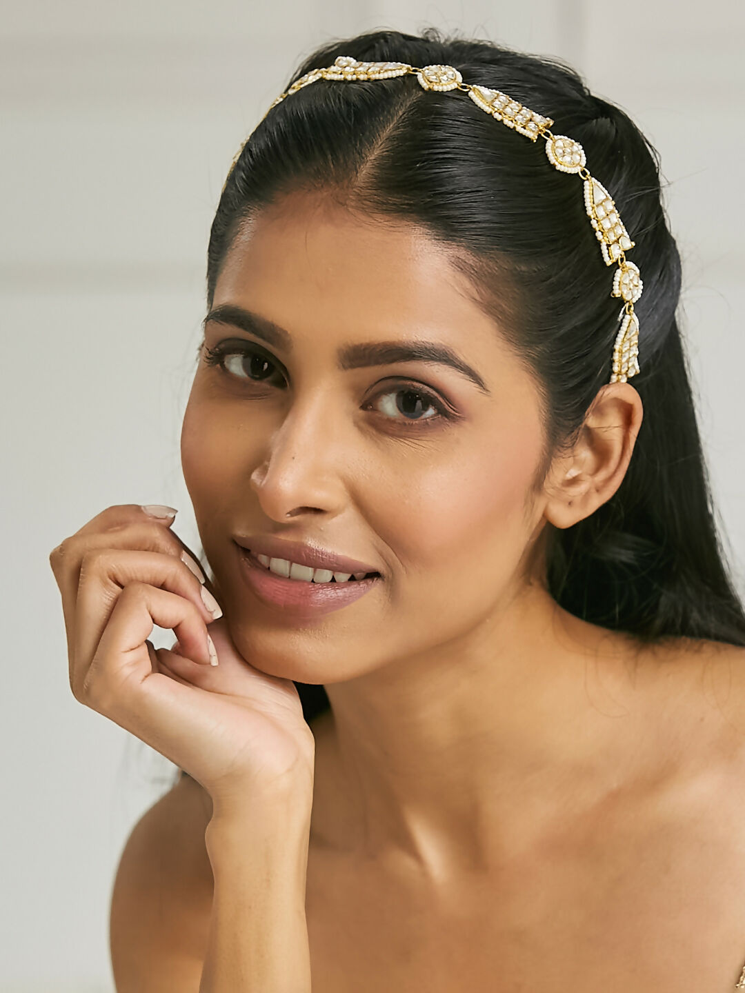 Nuyug 22K Gold-Plated Kundan & Pearls Studded Matha Patti with Regal Motifs Head Jewellery