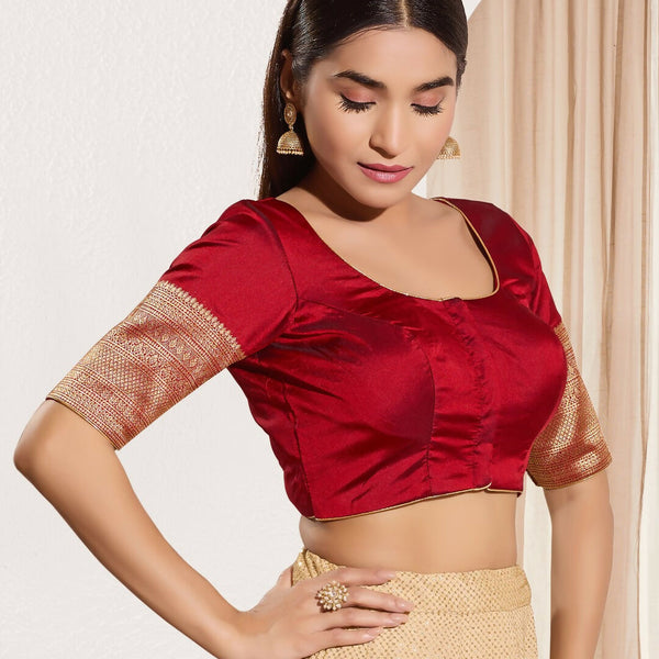 Joban Fashion Maroon Taffeta Silk Padded Blouse With Round Neck Elbow Sleeves - Distacart