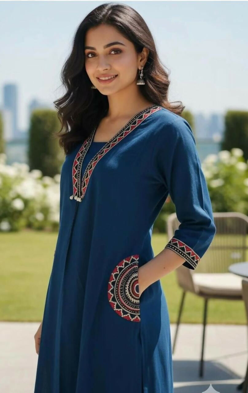 Miravan Womens Blue Straight Kurta With Palazzo Set - Dista