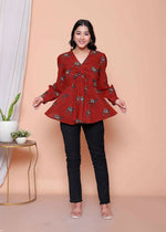 Thumbnail for Miravan Womens Brown Animal Printed Balloon Sleeves V Neck Butterfly Top - Distacart