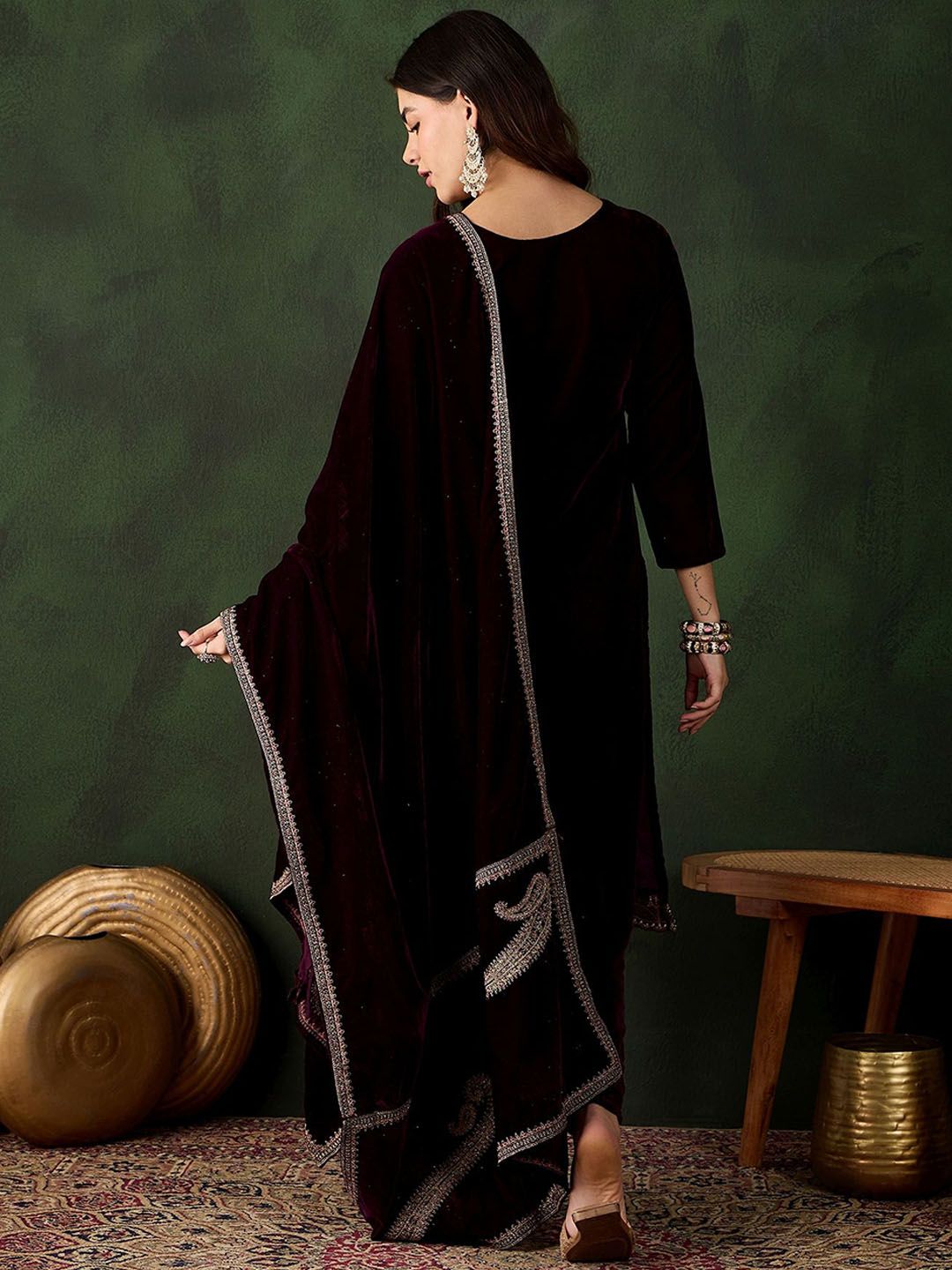 Sangria Floral Embroidered Straight Kurta & Trousers With Dupatta - Distacart