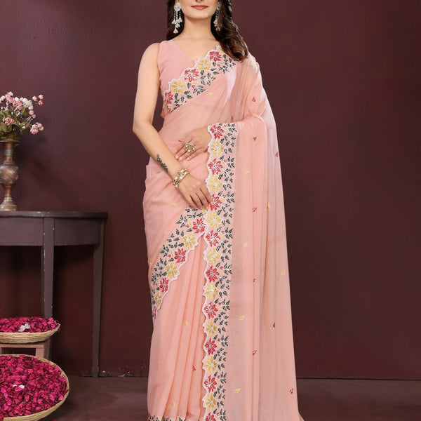 Ai Fashion Cream Soft Star Georgette Embroidery Party Wear Saree - Distacart