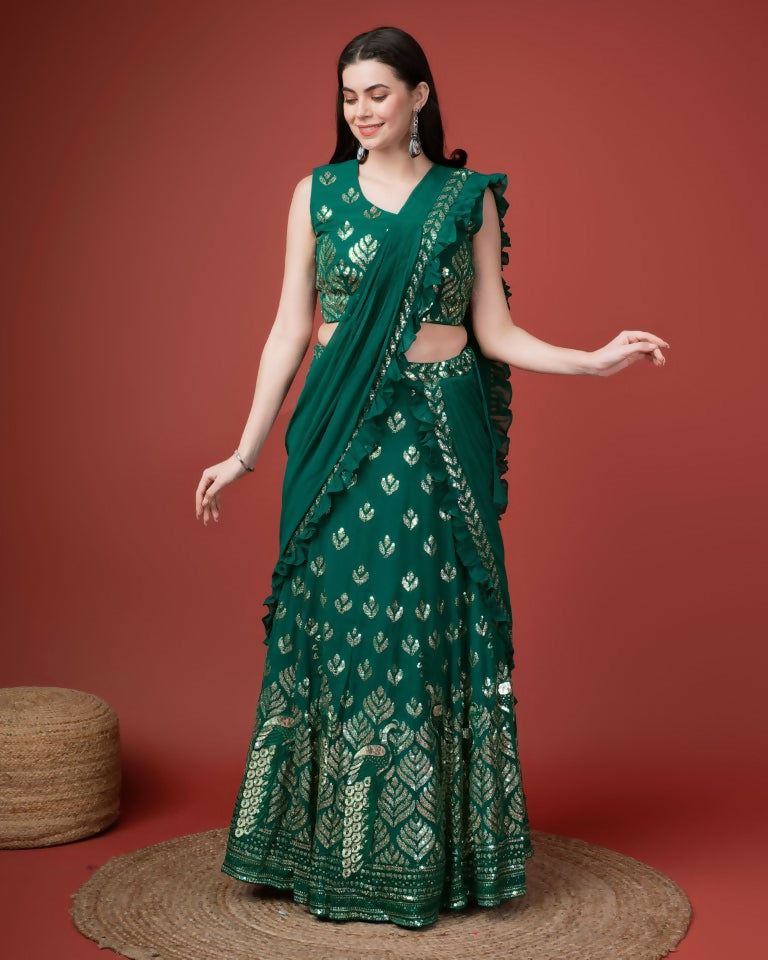 Green Georgette Sequence Embroidered Lehenga Choli with Dupatta - Tanya - Distacart