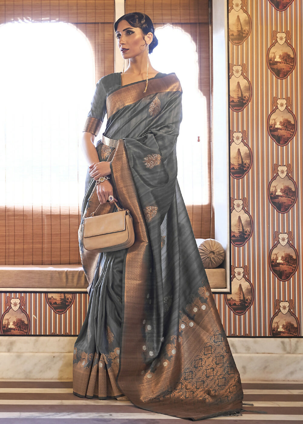 Platinum Grey Tussar Banarasi Silk Designer Saree - Emponline - Distacart