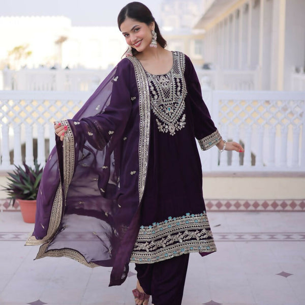 Teeya Creation Womens New Wine Velvet With Rich Zari Coding Embroidered Work Kurta Pant Dupatta Set - Dista