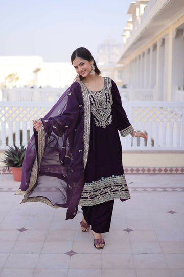 Teeya Creation Womens New Wine Velvet With Rich Zari Coding Embroidered Work Kurta Pant Dupatta Set - Dista