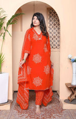 Thumbnail for Miravan Womens Floral Printed Straight Fit Kurta With Palazzo And Dupatta - Orange - Distacart