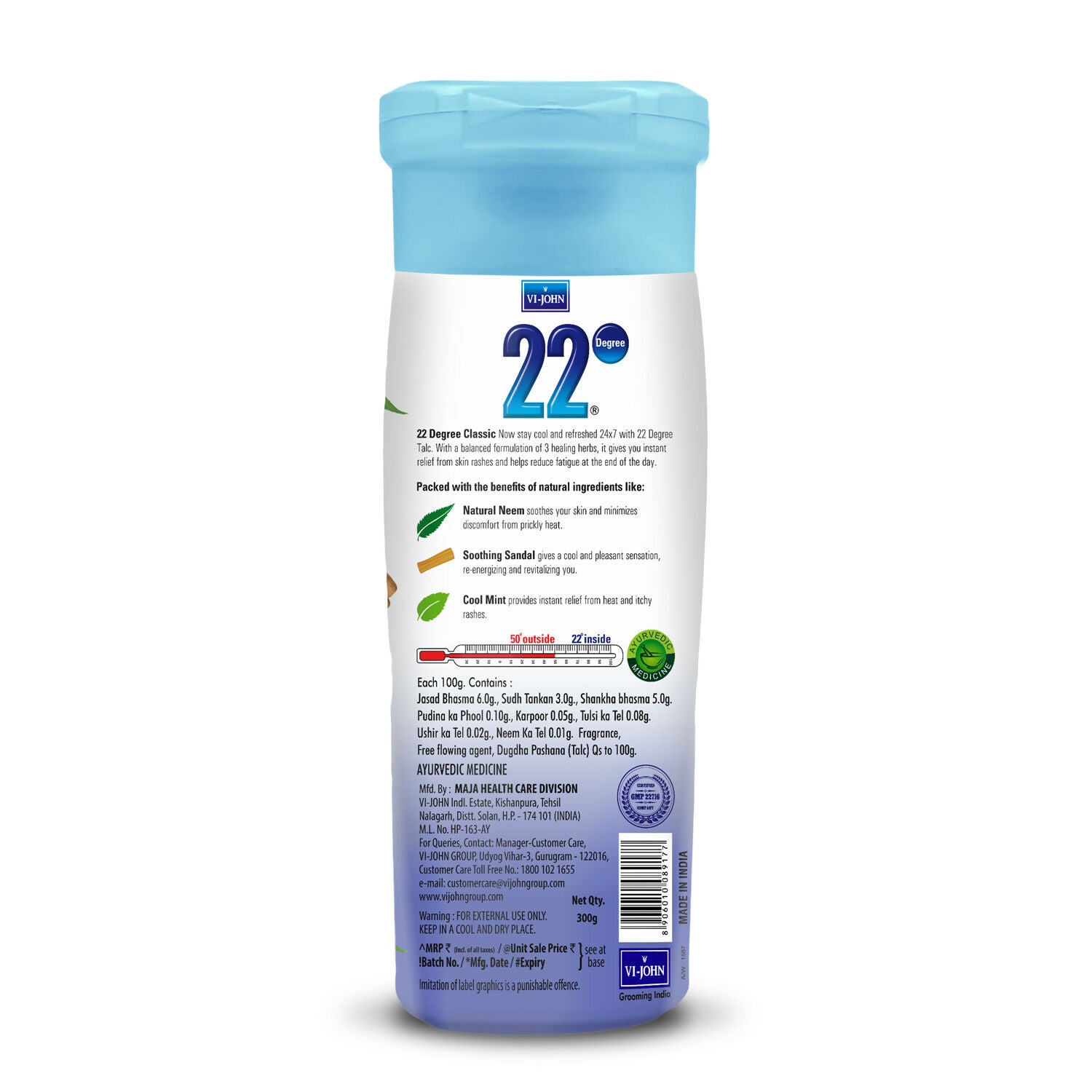 VI-JOHN 22 Degree Cooling Talc Beat the Heat Neem,Sandal and Mint
