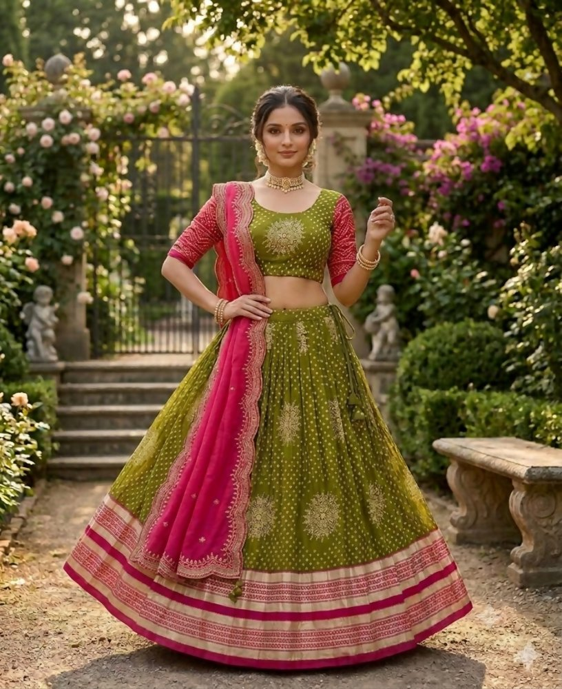 Teeya Creation Festive Olive Green Pink Designer Lehenga Choli Scalloped Border Dupatta - Dista