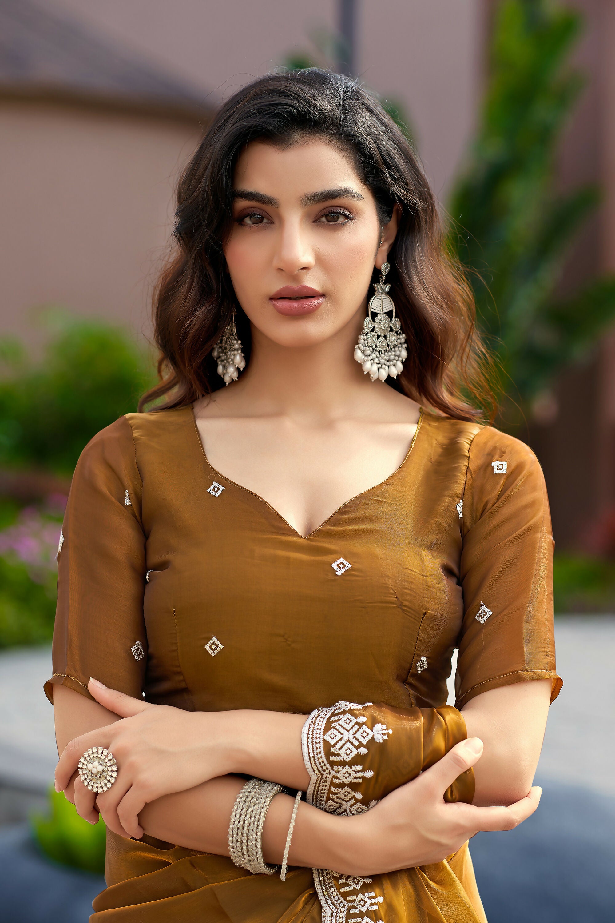 Vastranavya Brown Embroidery Work Shimmer Chiffon Saree with Unstitched Blouse