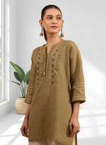 Thumbnail for Joban Fashion Light Brown Linen Embroidered Readymade Tunic - Distacart