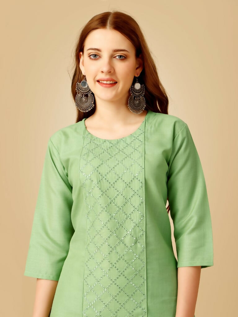 Jyoti Fashion Women's Lime Green Cotton Blend Embroidered Kurta Pant Set - Distacart