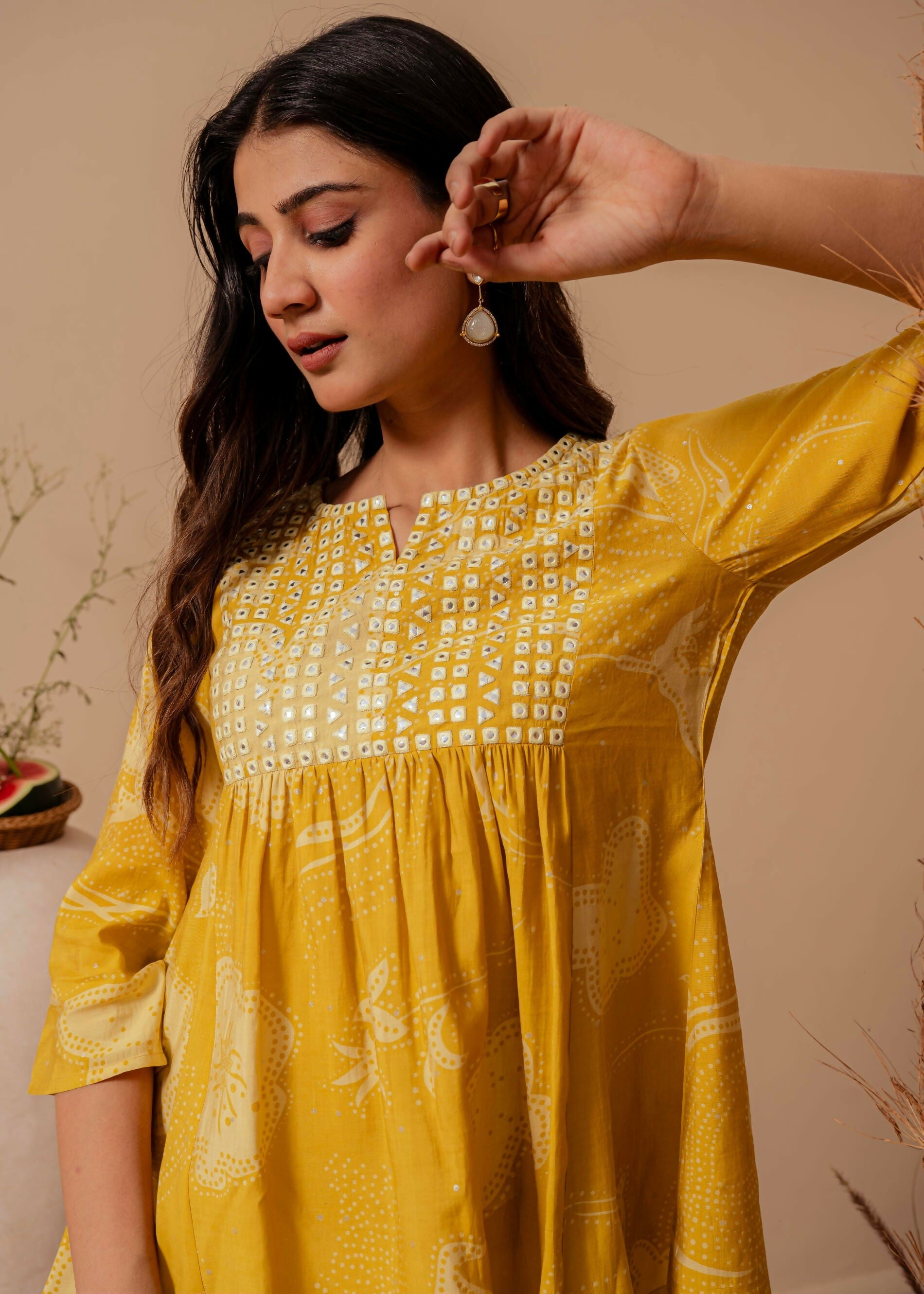 Juniper Mustard Ethnic Motifs Viscose Tunic With Thread Work And Mirror Detailing