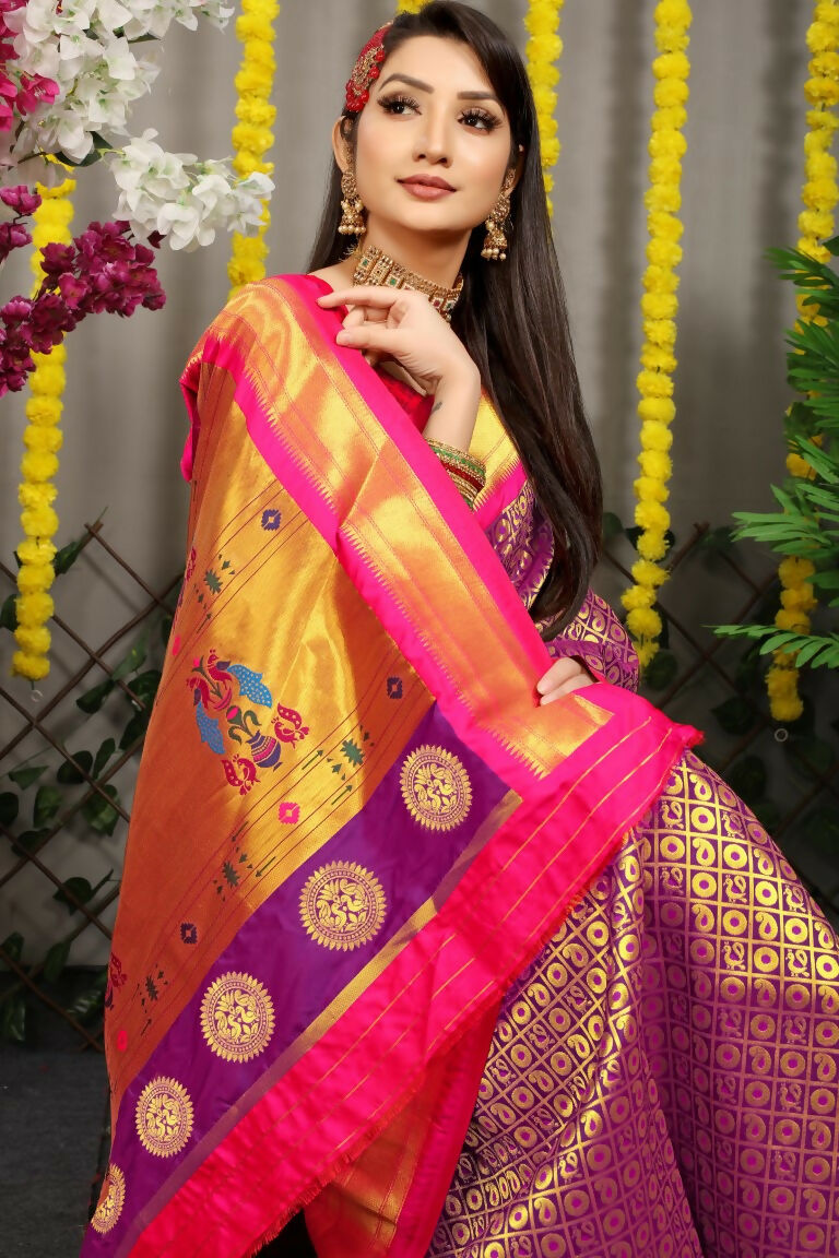 Jyoti Fashion Women's Purple Banarasi Silk Zari Woven Saree with Blouse - Distacart