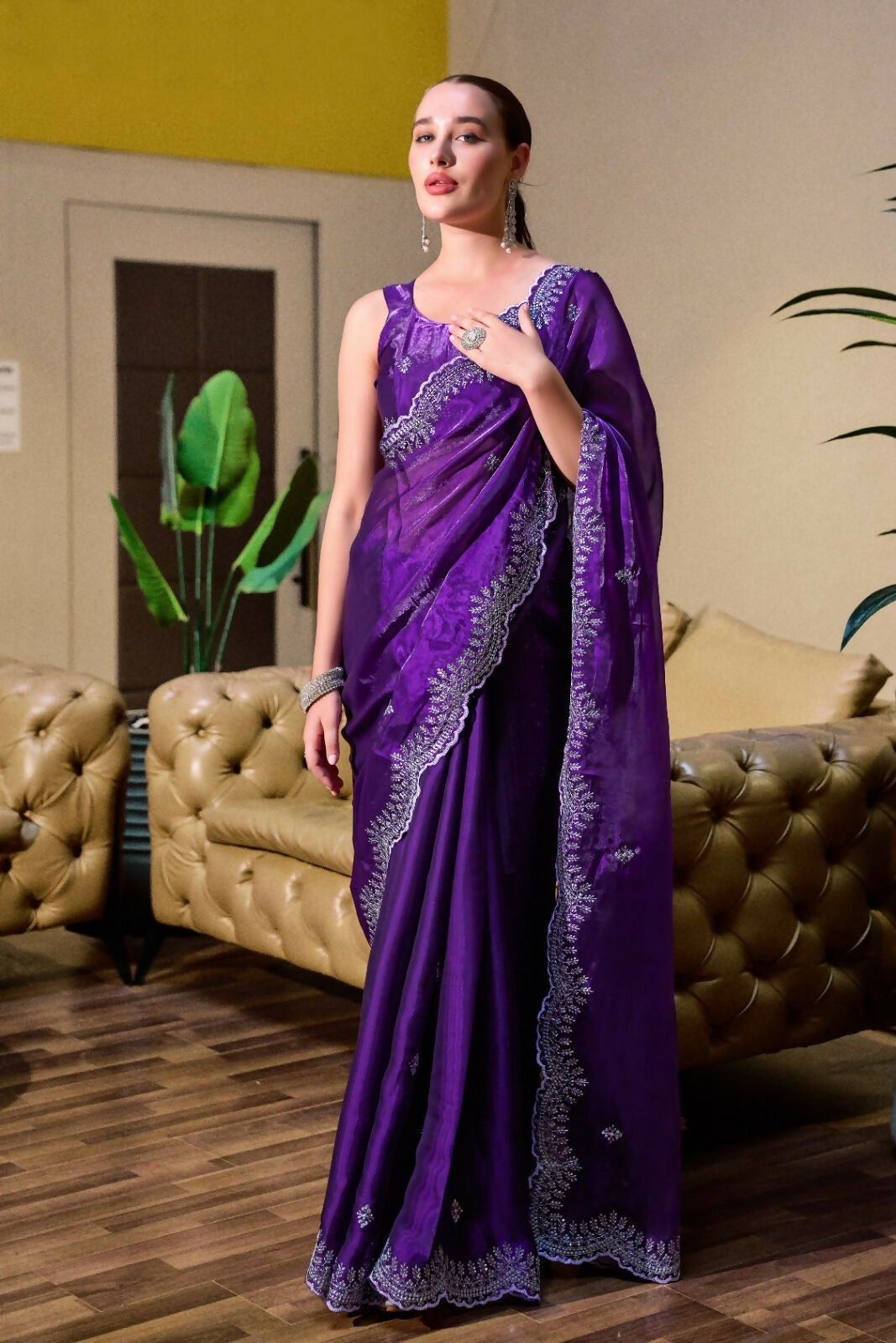 Vastranavya Purple-Blue Embroidery Work Shimmer Chiffon Saree with Unstitched Blouse