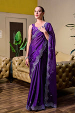 Thumbnail for Vastranavya Purple-Blue Embroidery Work Shimmer Chiffon Saree with Unstitched Blouse