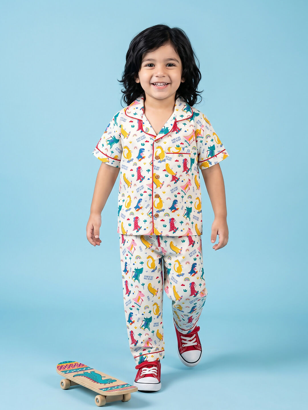 Breathables Woven Cotton Half Sleeves Dino Shirt & Pyjama White