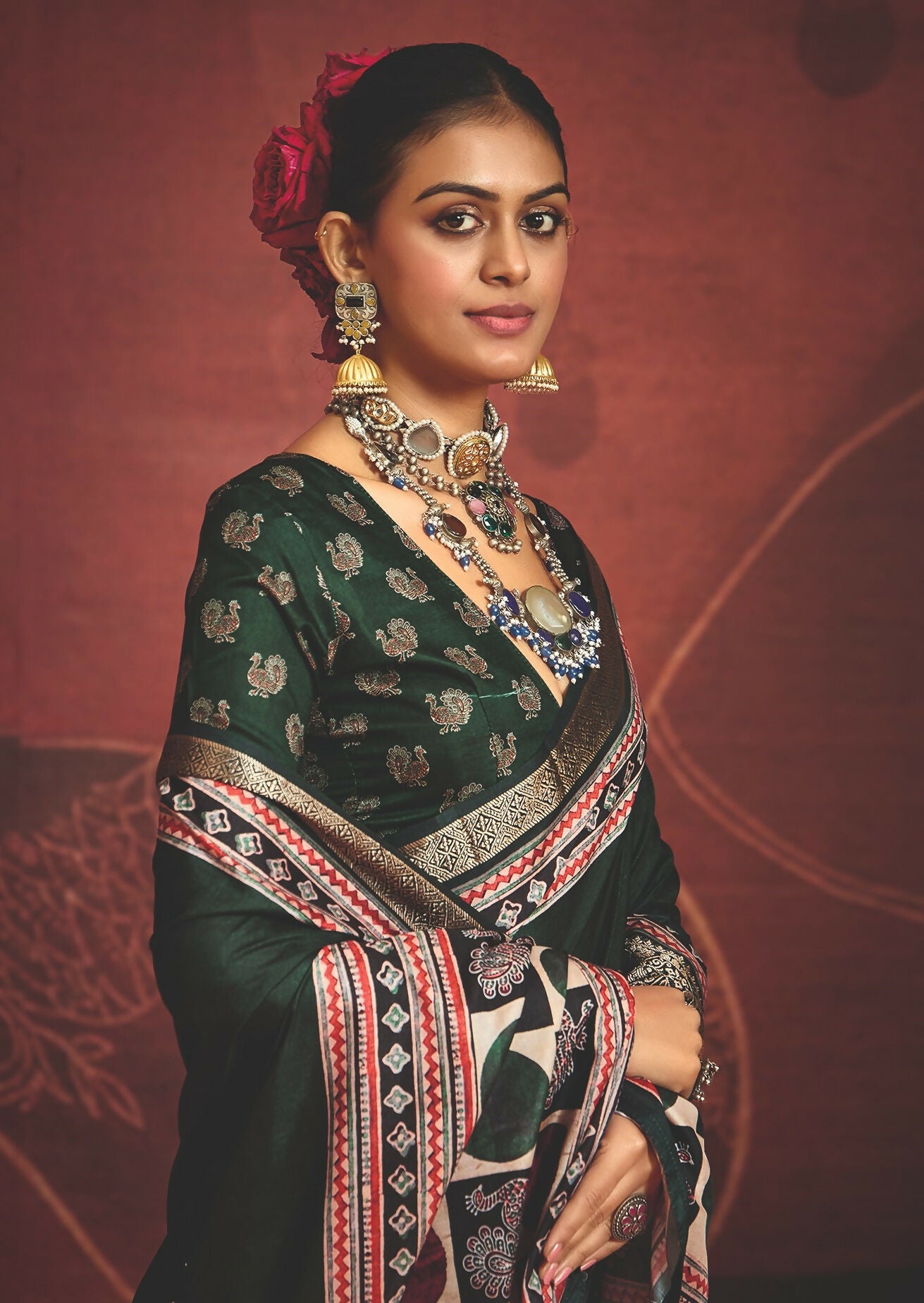 Joban Fashion Green Art Silk With Fine Viscose Border Ajrak Full Body Print With Soft Finish Saree