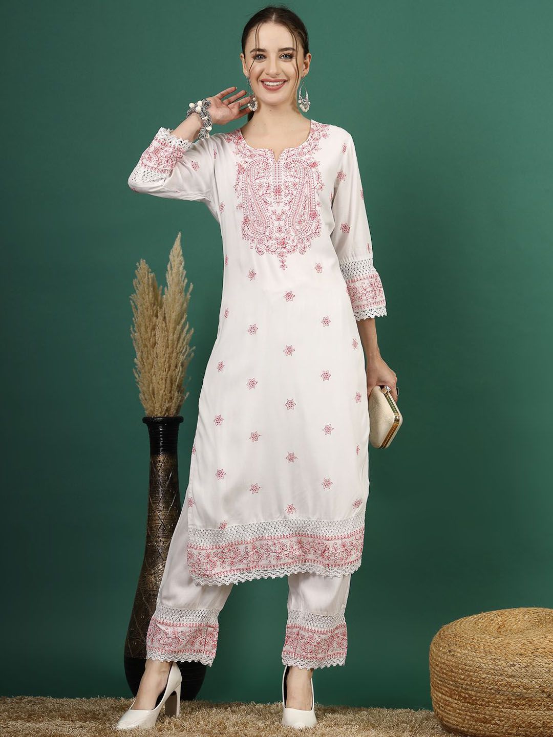 Sangria Embroidered Sequence Straight Kurta With Palazzo - Distacart