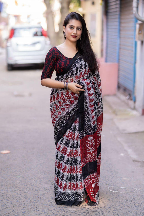 Grey Linen Blend Ethnic Motifs Saree with Unstitched Blouse - Hiral Fashion - Distacart